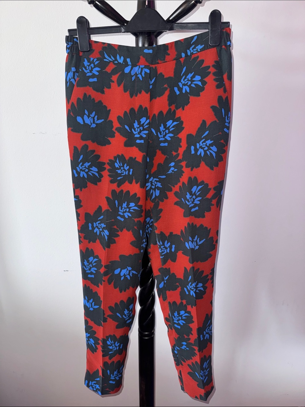J. Crew Red Floral Print Trousers with Blue and Black Motif 7.1M